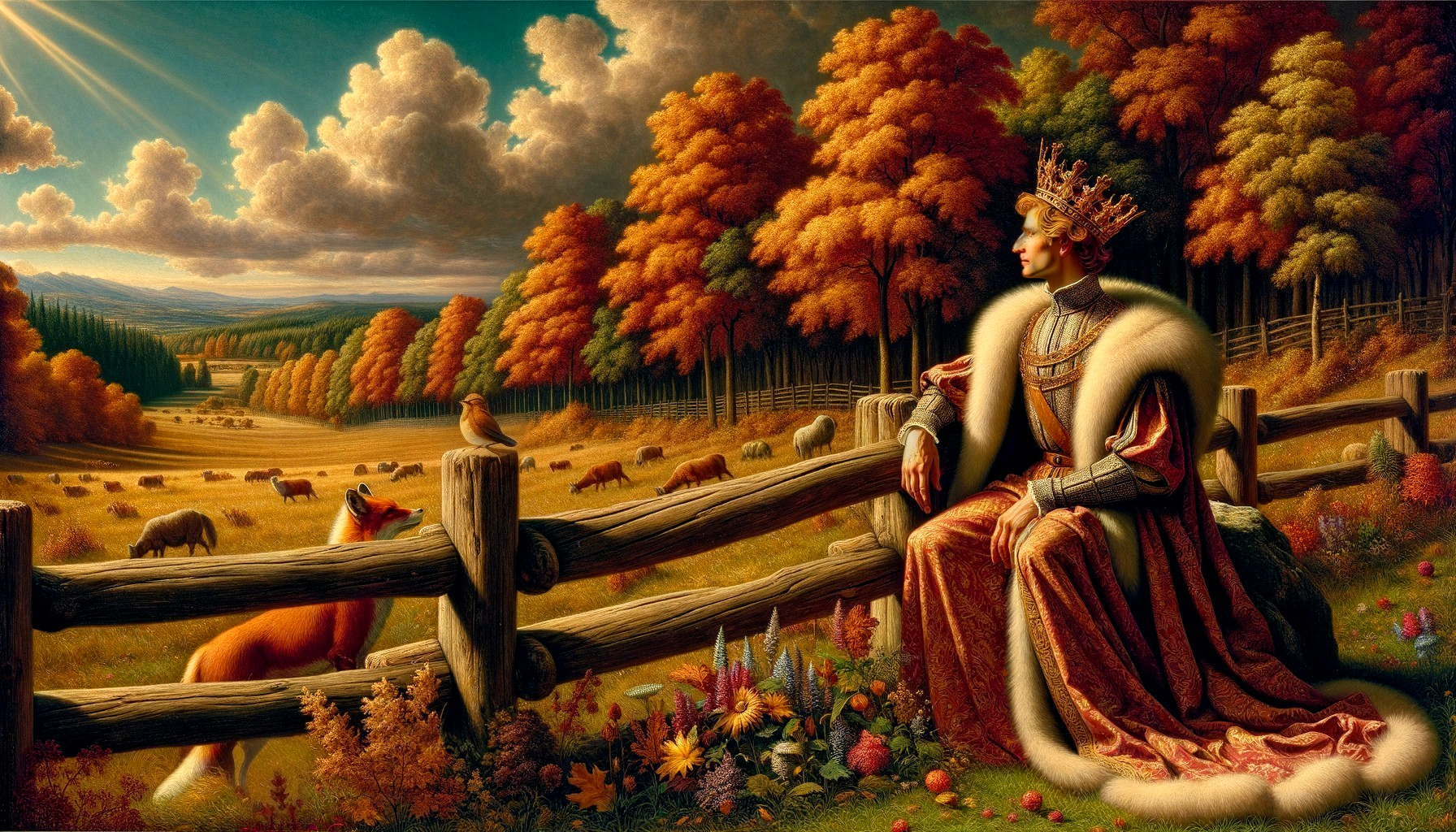 Regal Figure in Autumn Landscape with Grazing Animals