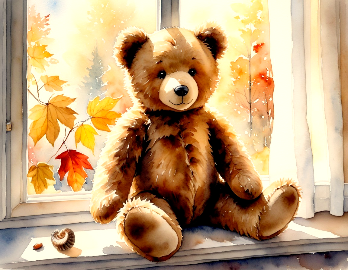 Teddy Bear on Windowsill with Autumn Leaves and Nature