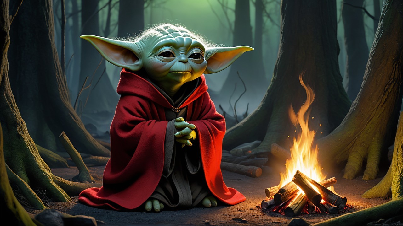 Wise Green Creature by Campfire in Dark Forest