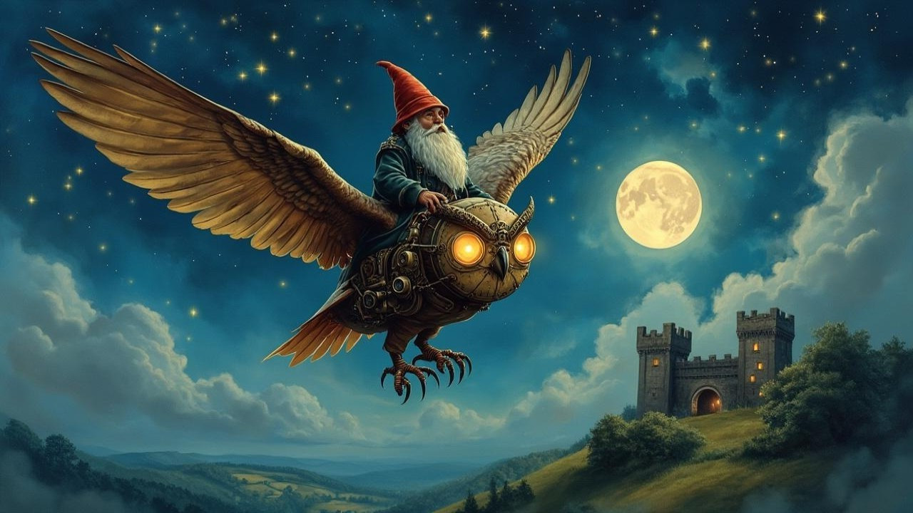Gnome on Mechanical Owl in Starry Night Sky