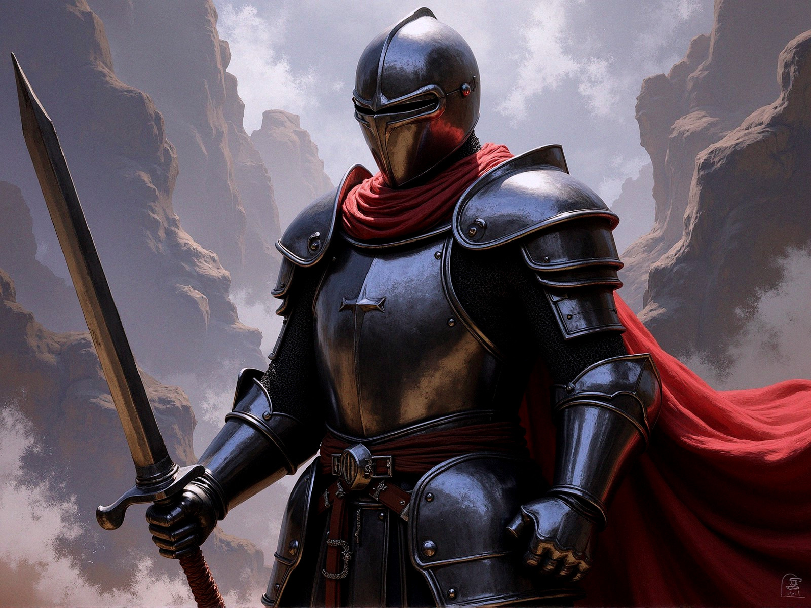 Knight in Shining Armor in Dramatic Rocky Landscape