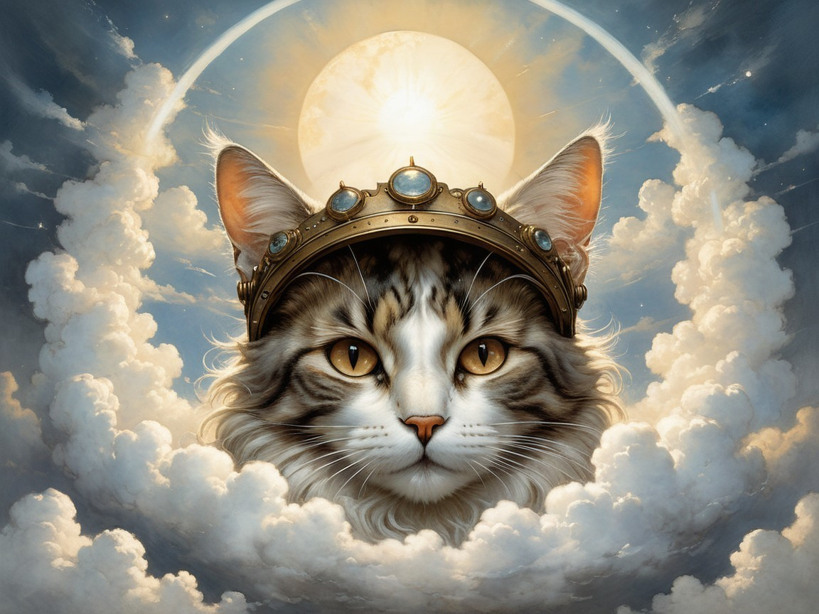 Majestic Cat with Crown Among Fluffy White Clouds