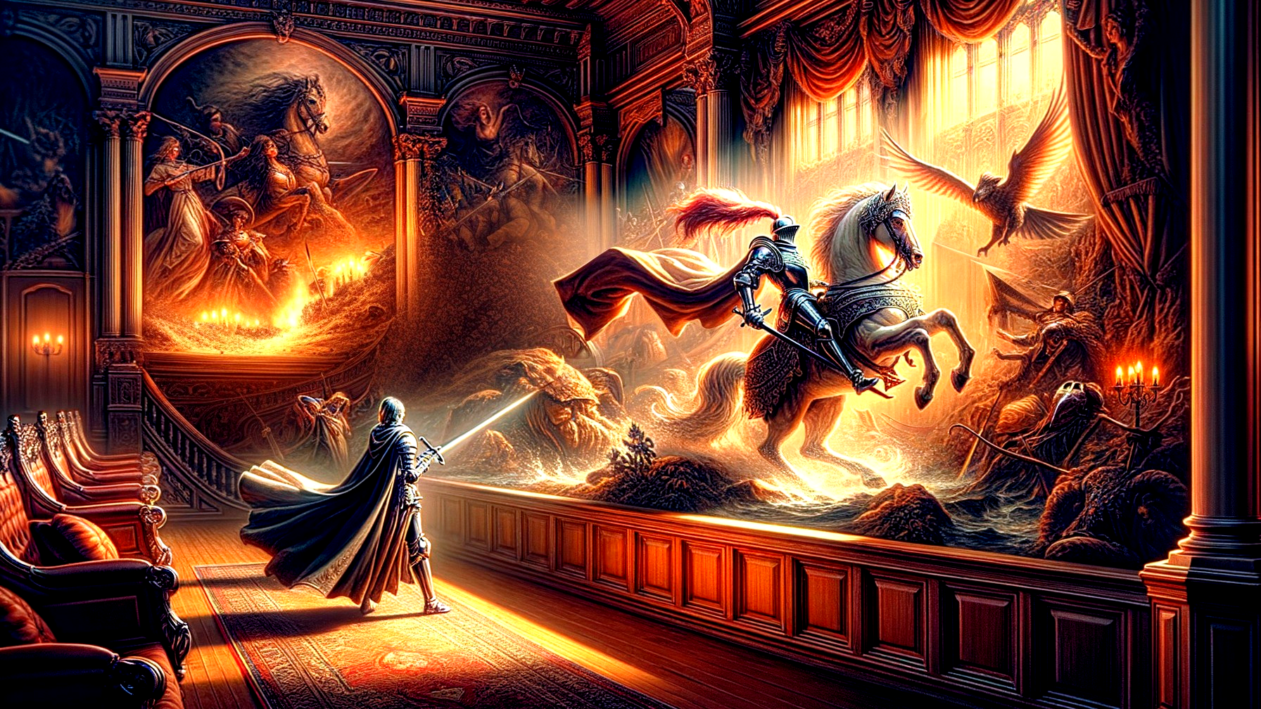 Knight in Illuminated Hall with Epic Murals and Horse