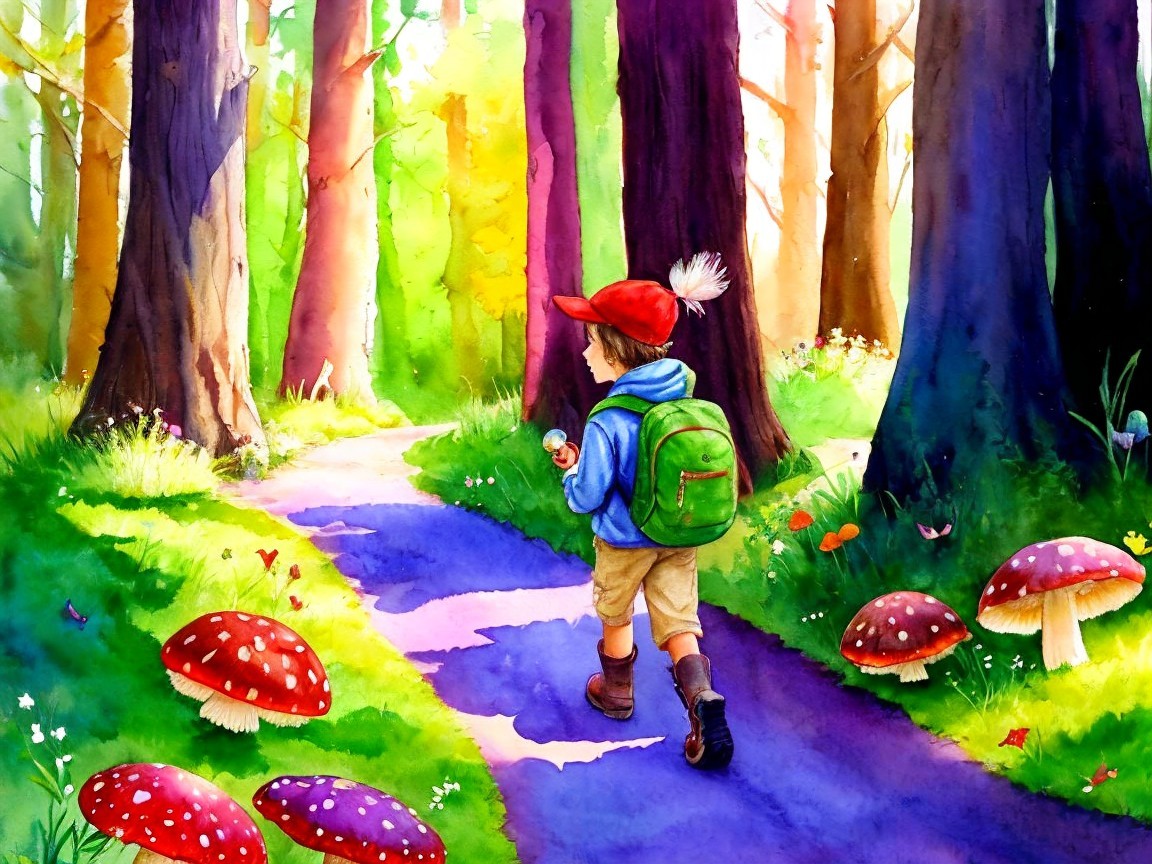 Child on Forest Path with Colorful Mushrooms and Sunlight