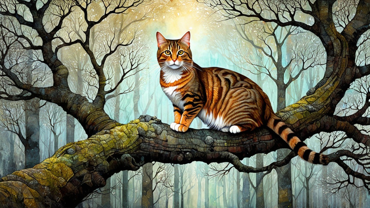 Tabby Cat on Tree Branch in Enchanted Forest Setting