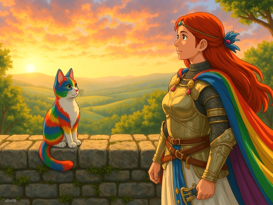 Brave Female Knight and Rainbow Cat at Sunset
