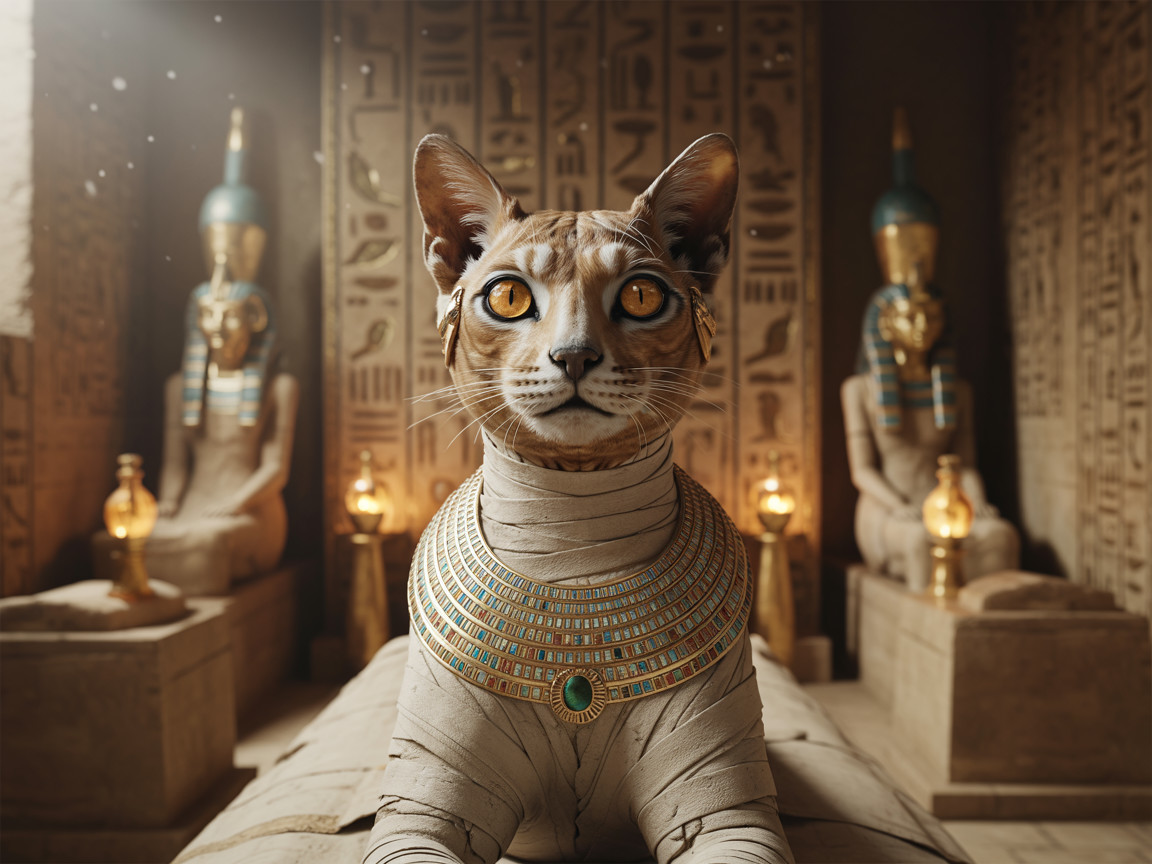 Ancient Egyptian Tomb with Adorned Cat and Statues