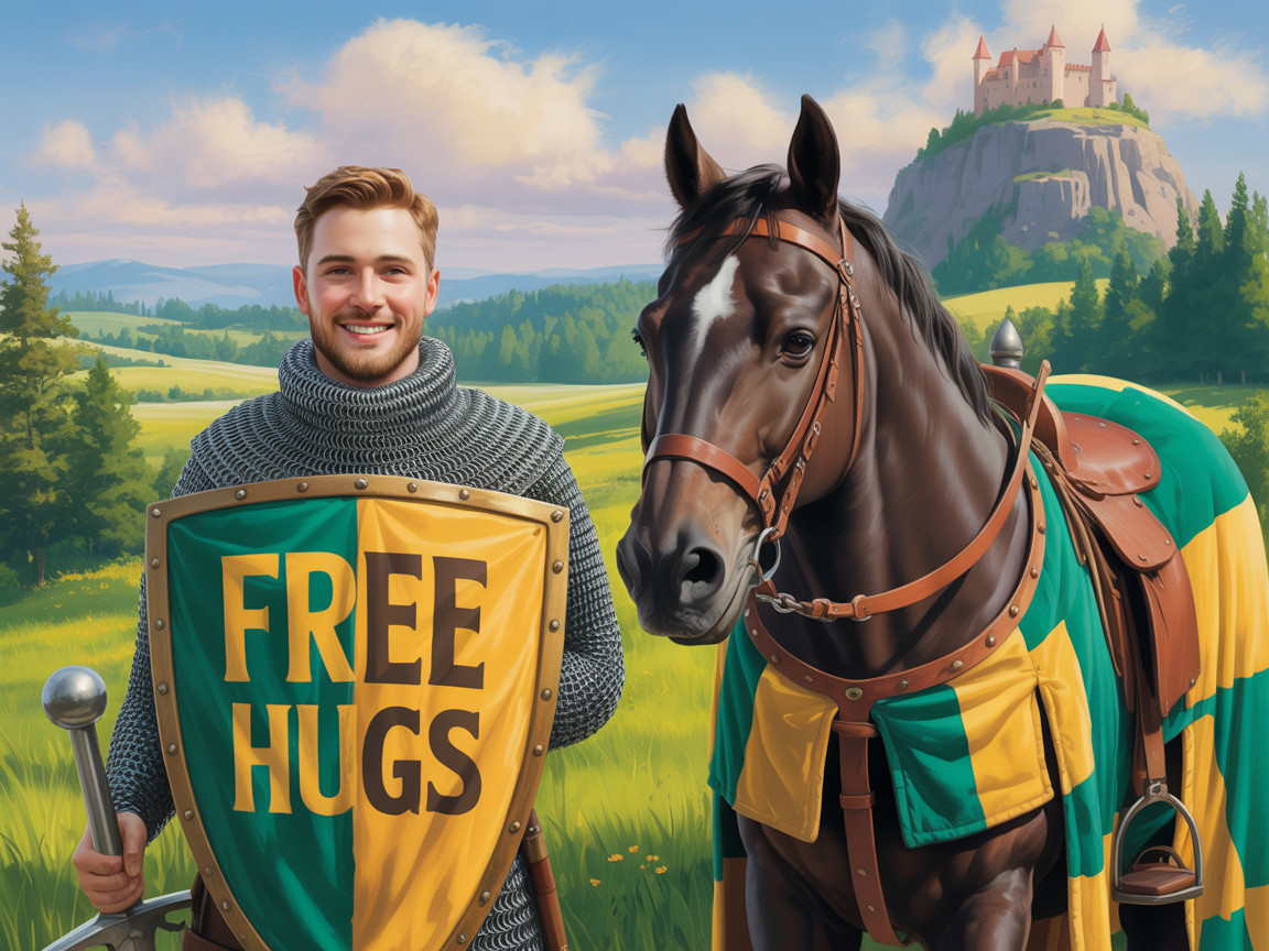 Young man in chainmail with horse and scenic landscape