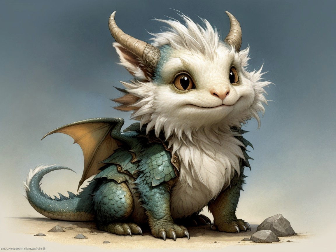 Cartoonish dragon with fluffy fur and teal armor