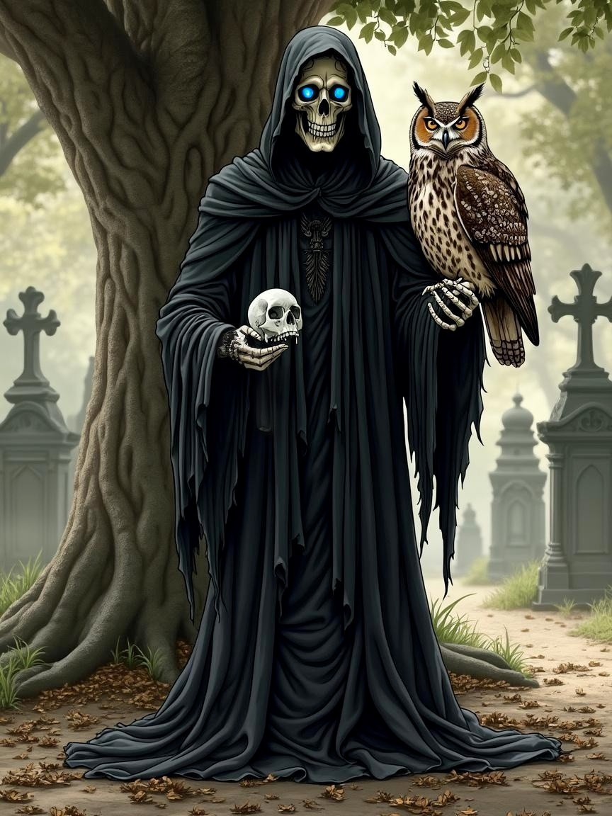 Skeletal Figure in Cloak with Owl in Graveyard