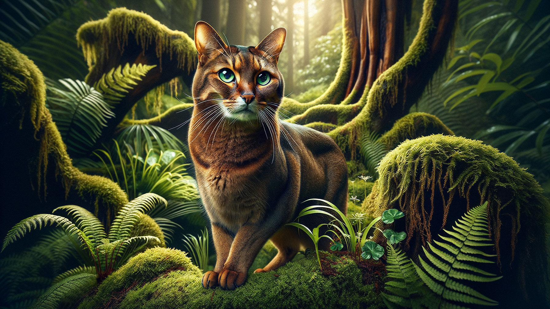 Majestic cat on mossy rock in vibrant forest setting