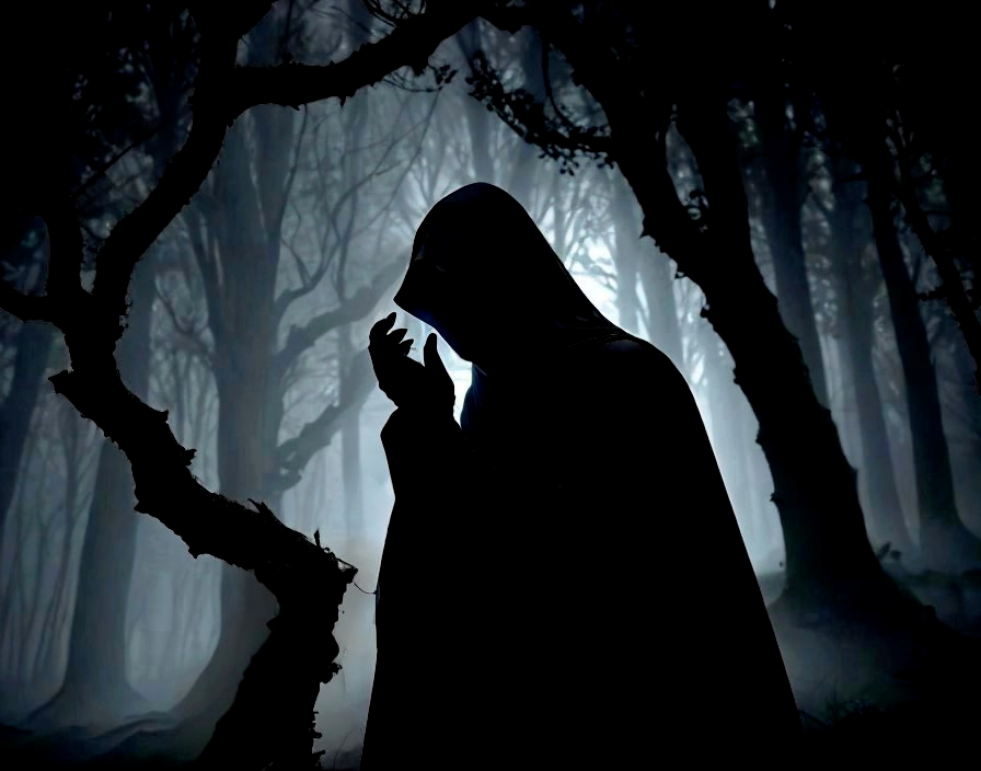 Cloaked Figure in a Dark, Misty Forest Scene