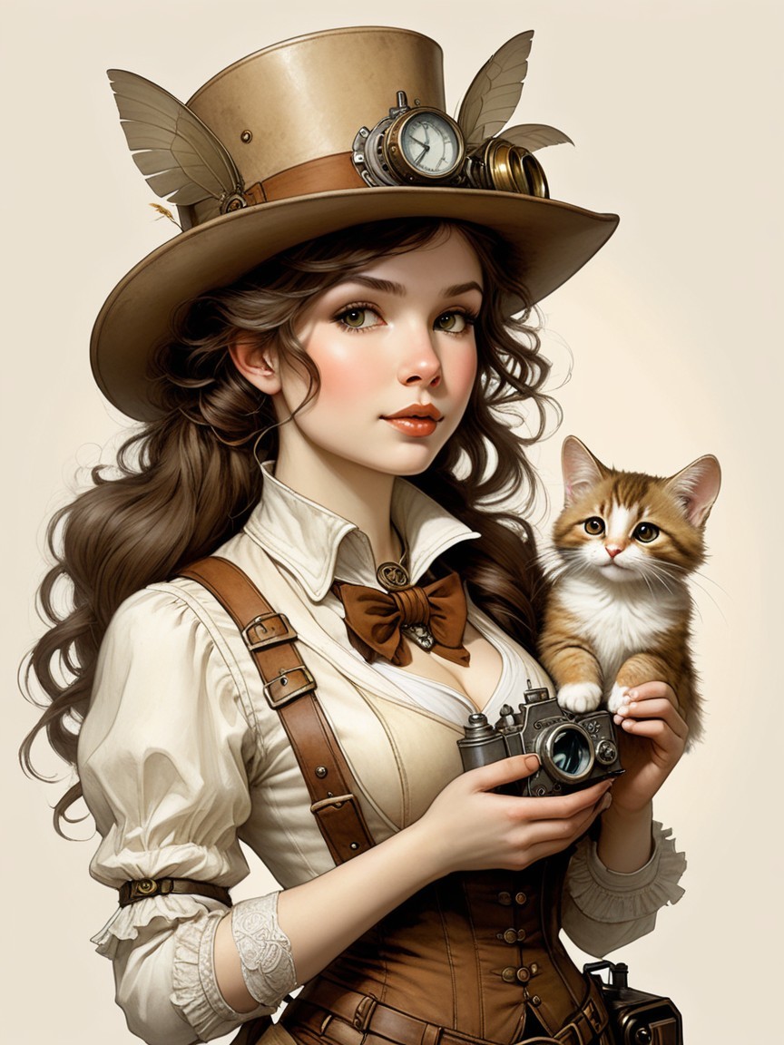 Young woman in steampunk attire with kitten and camera