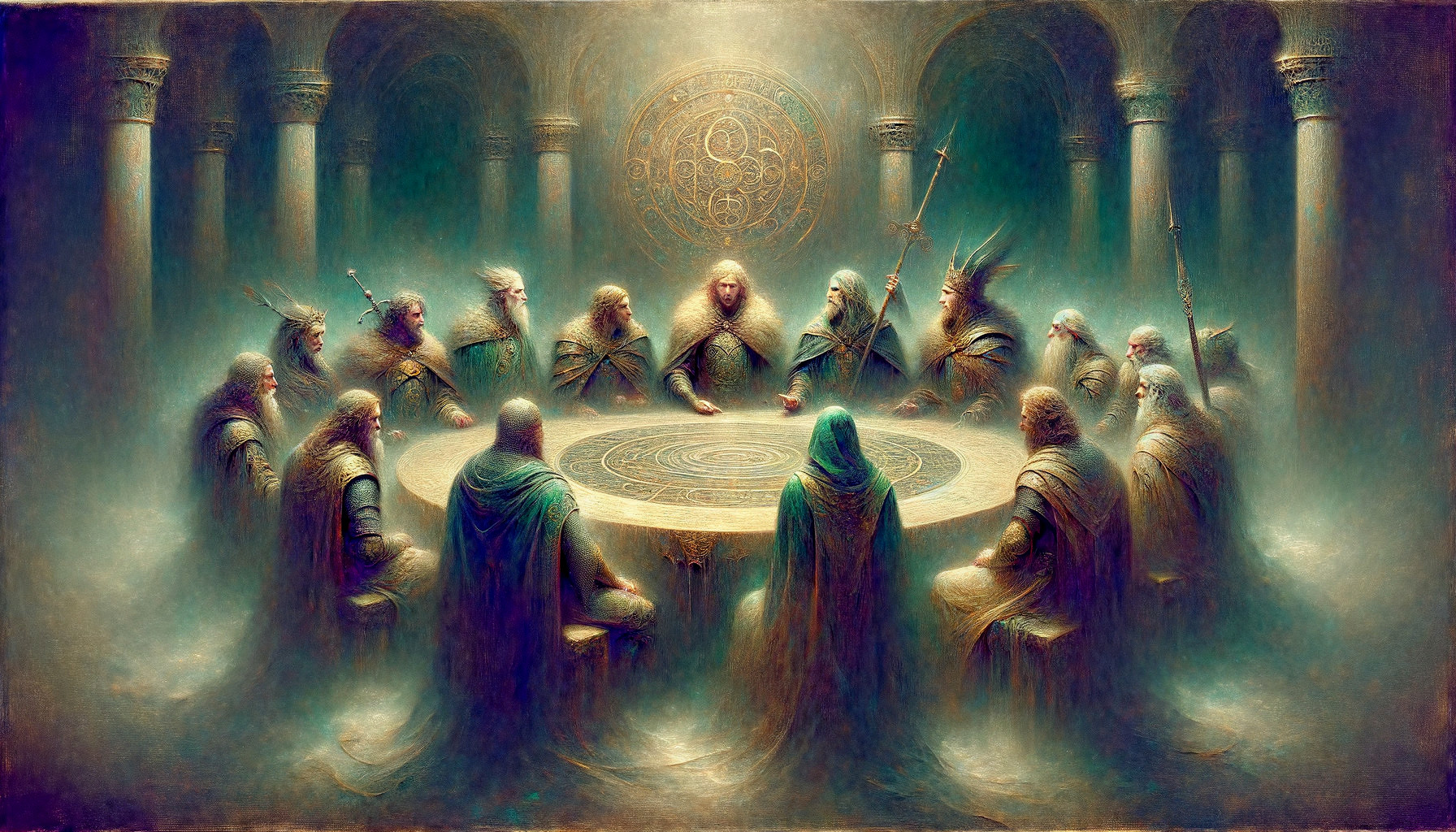 Mystical Gathering of Twelve Figures at Ornate Table