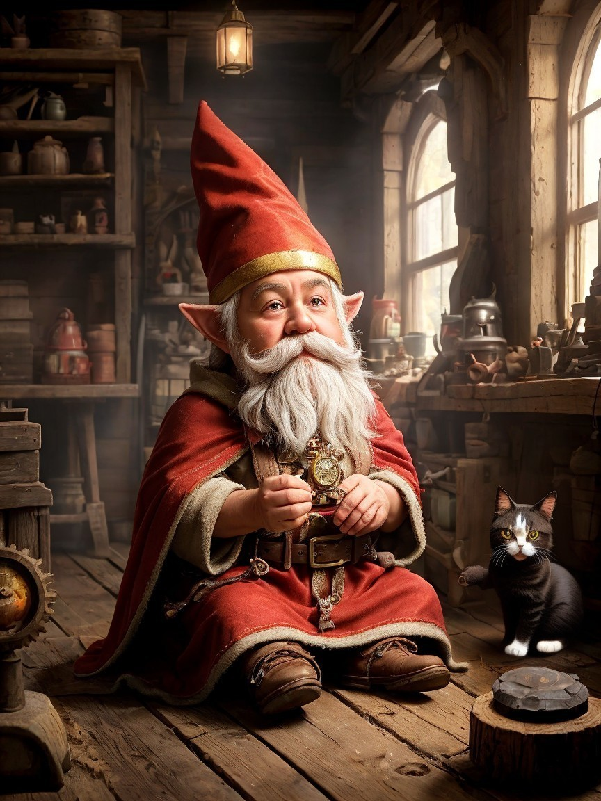 Whimsical gnome in a rustic workshop with a cat