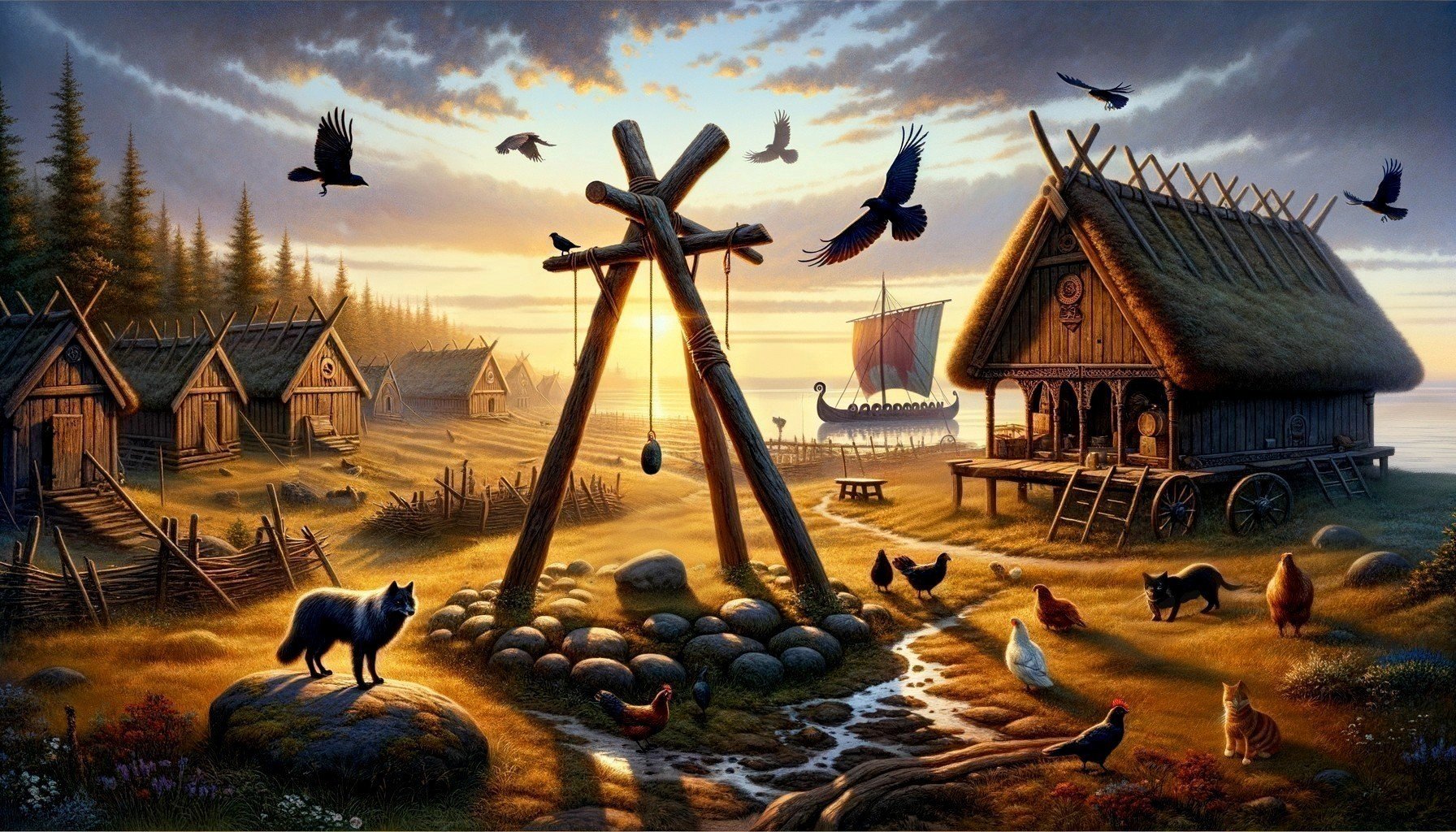 Rustic Village at Dawn with Viking Ship and Animals