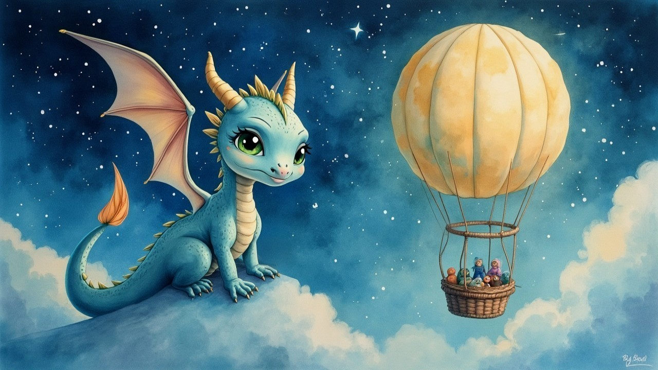 Whimsical Blue Dragon and Hot Air Balloon Scene