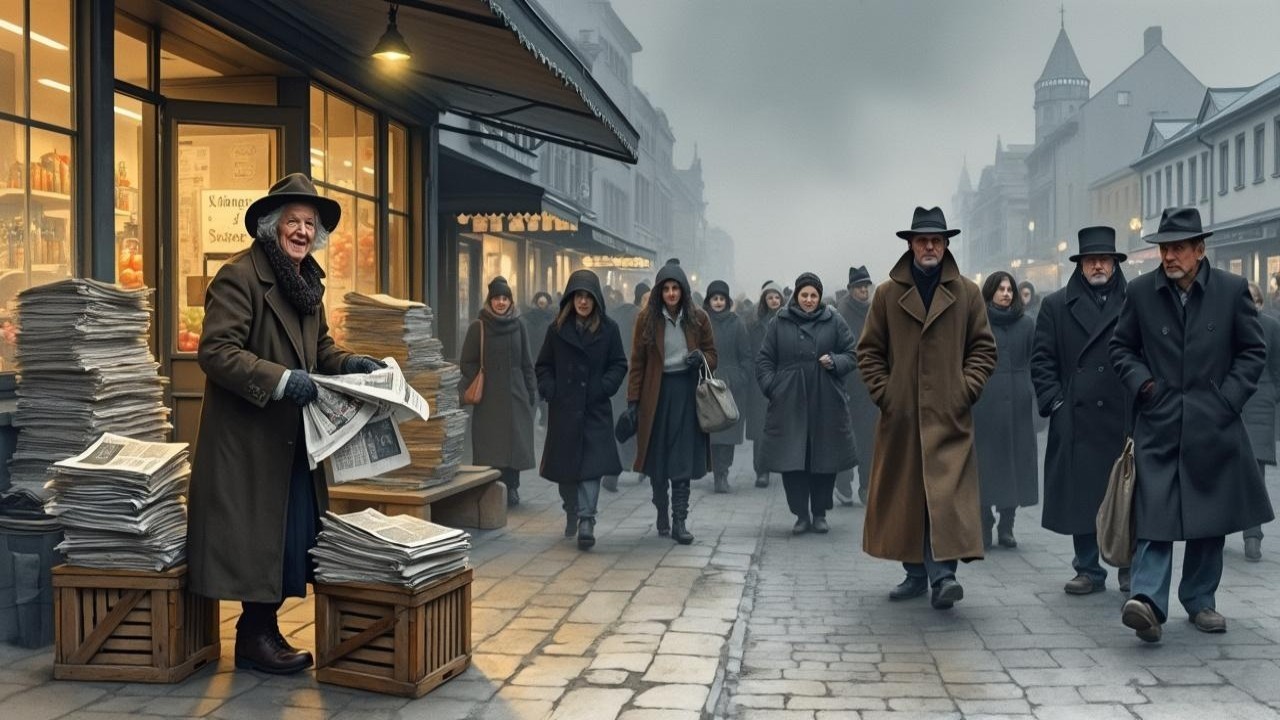 Foggy Historical Town Street Scene with Newspaper Vendor