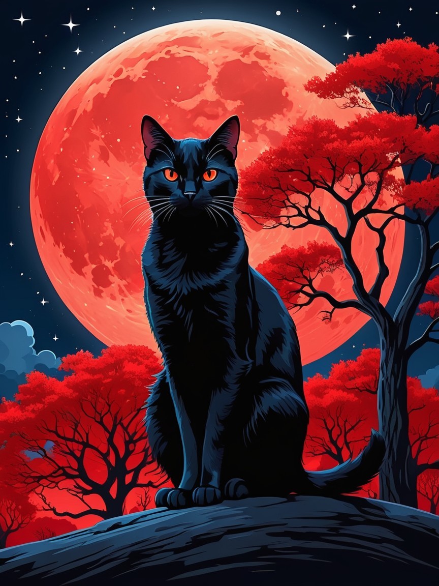 Black Cat on Rocky Outcrop Under Red Full Moon