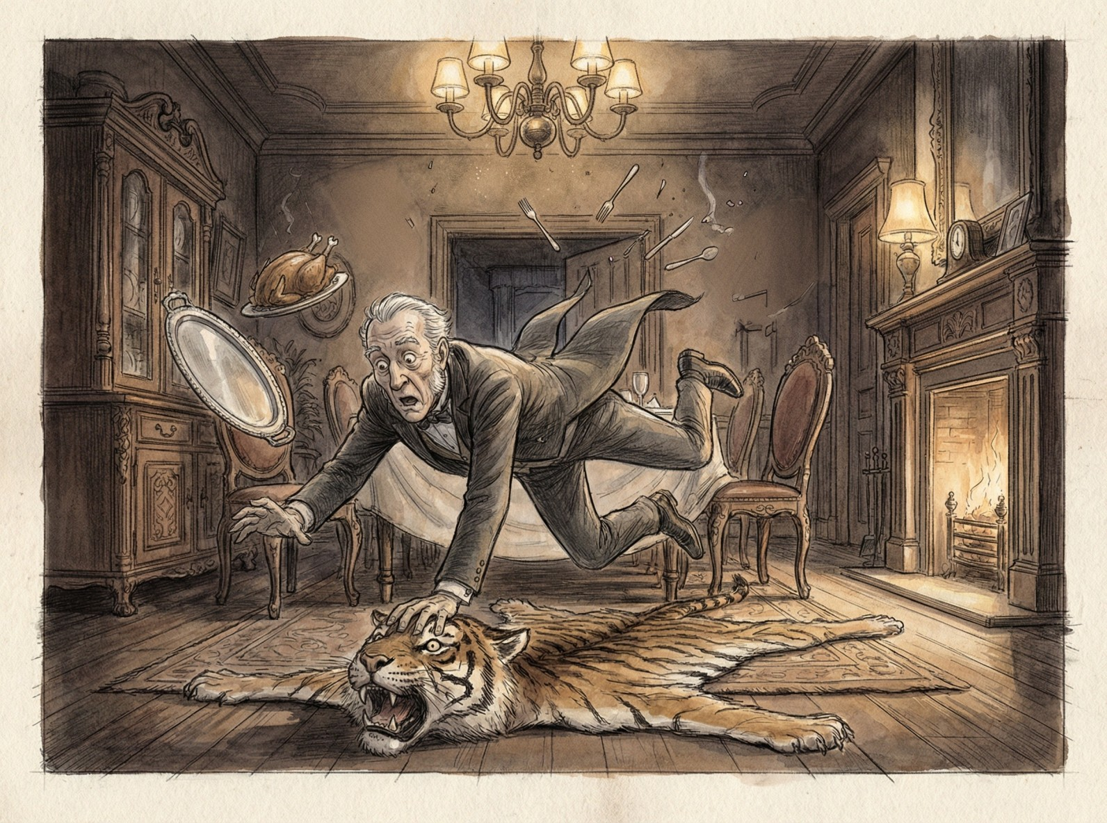 Old Man Falling in Dimly Lit Dining Room with Tiger Rug