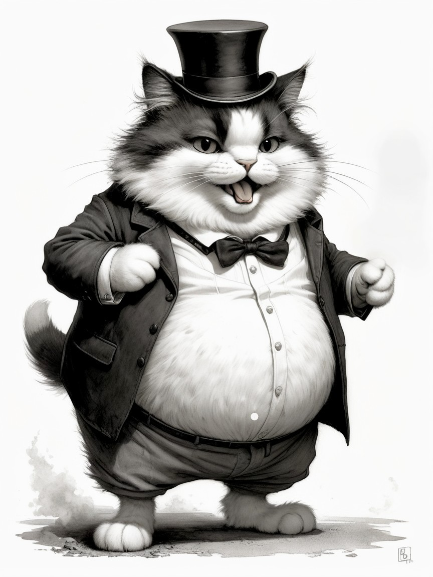 Whimsical Illustration of a Tuxedo Cat in Vintage Style