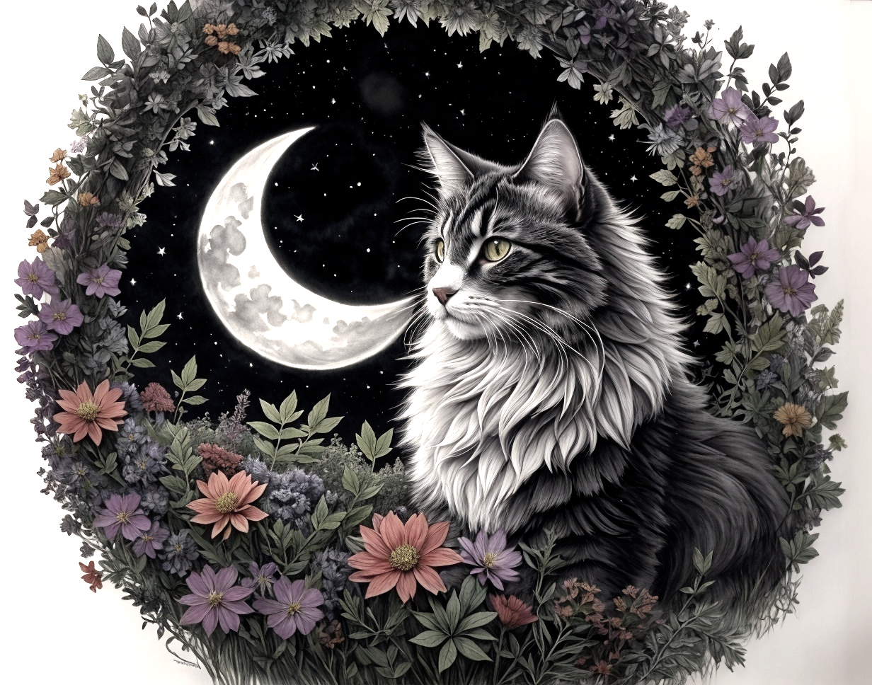 Long-Haired Cat in Floral Wreath with Moon and Stars