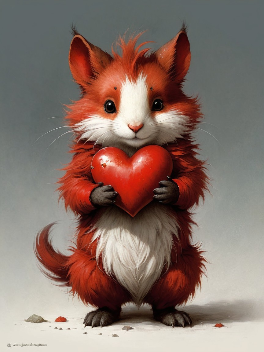 Fluffy Red Creature Holding a Heart in Soft Background