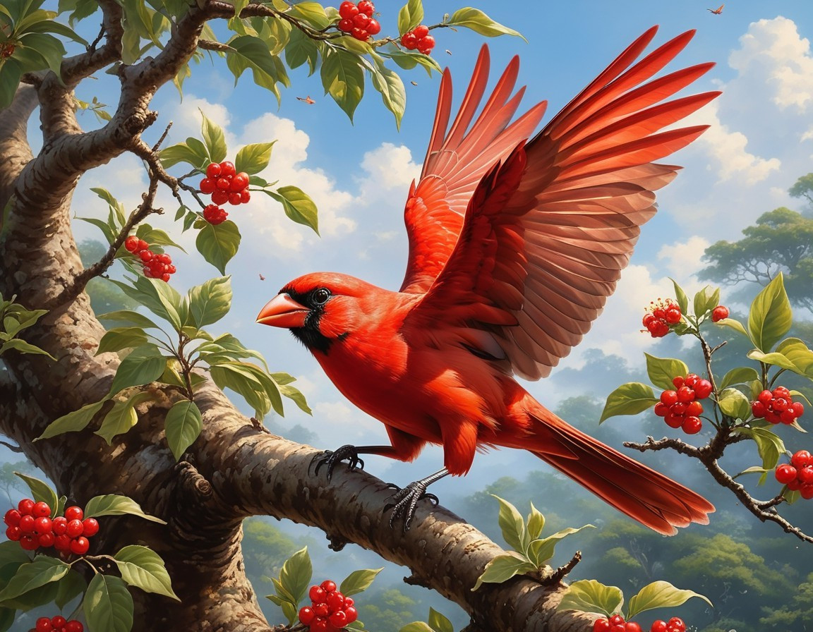 Red Cardinal on Branch with Blue Sky and Green Foliage