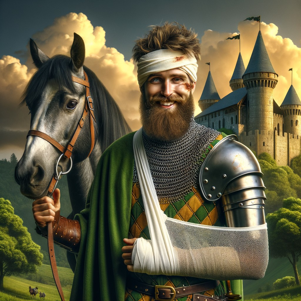Knight in Chainmail Beside Horse and Grand Castle