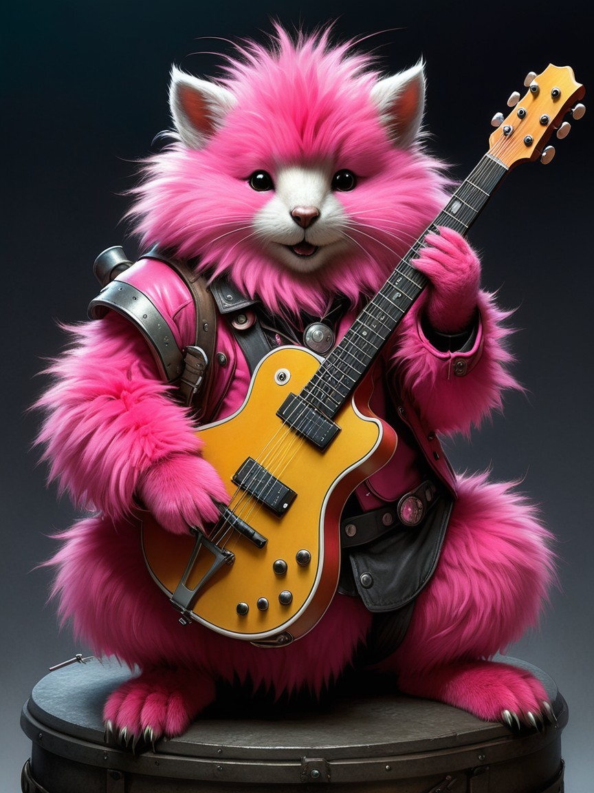 Vibrant Pink Creature with Guitar in Playful Setting