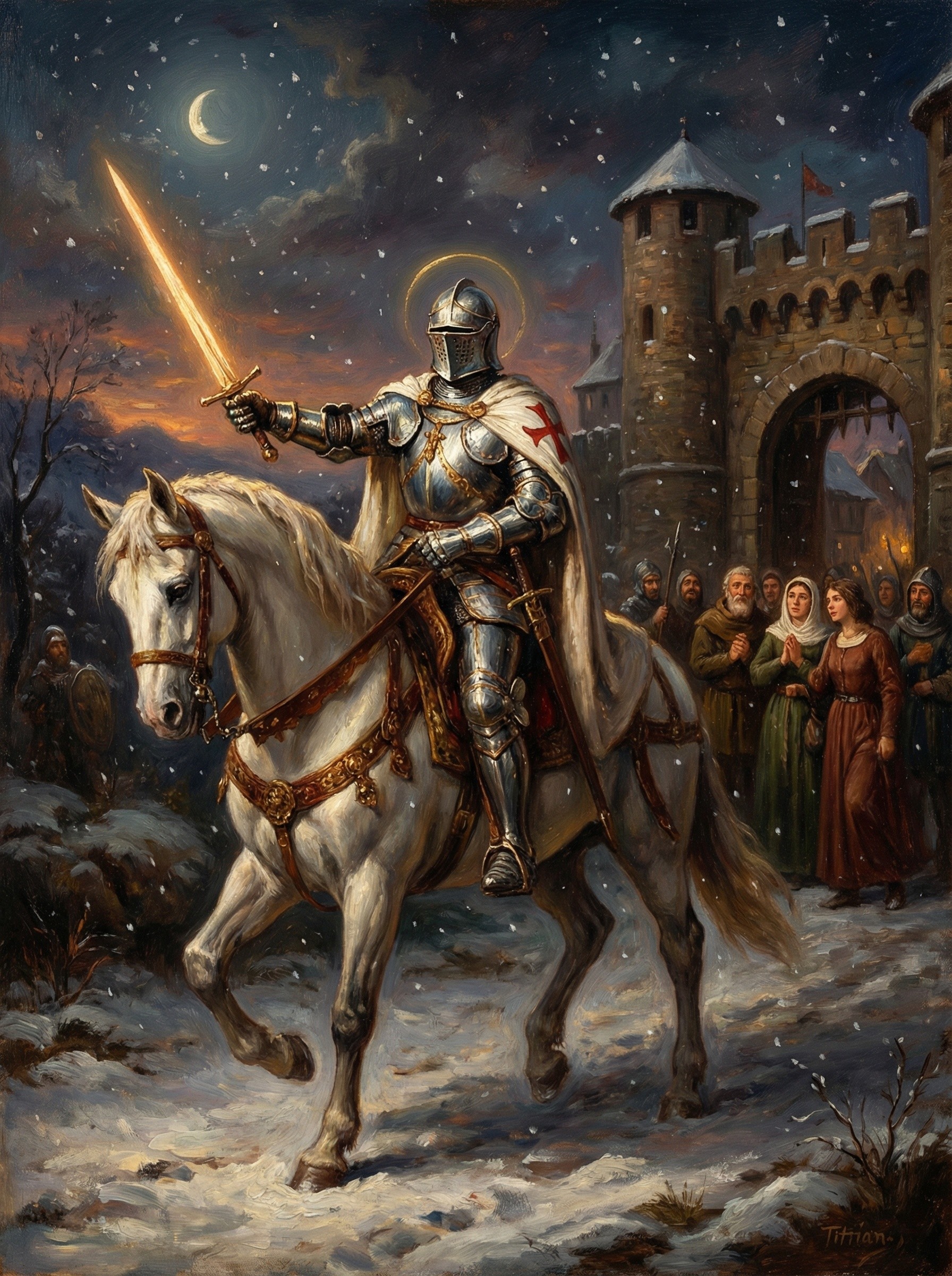 Armored Knight on White Horse in Snowy Landscape