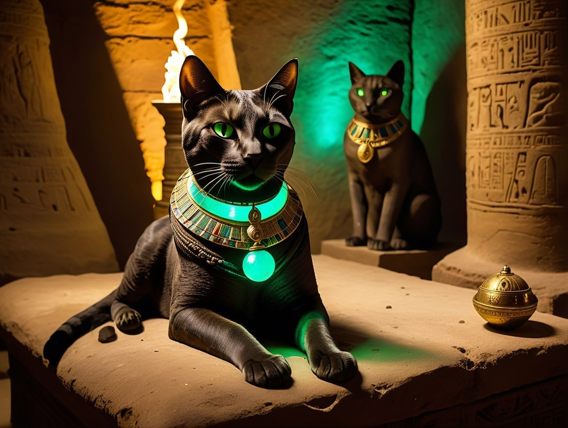 Black Cats with Turquoise Collars in Ancient Temple
