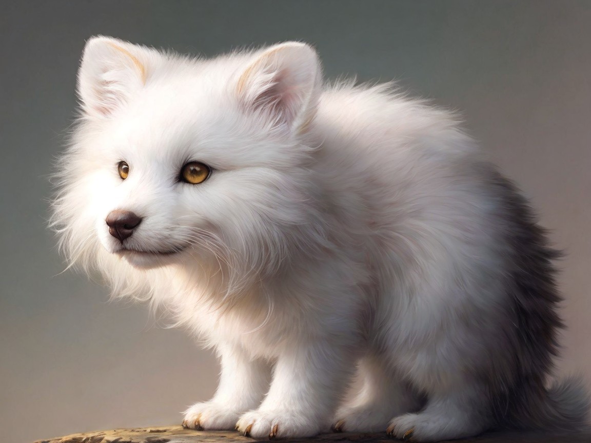 Fluffy White Fox-Like Creature with Expressive Eyes