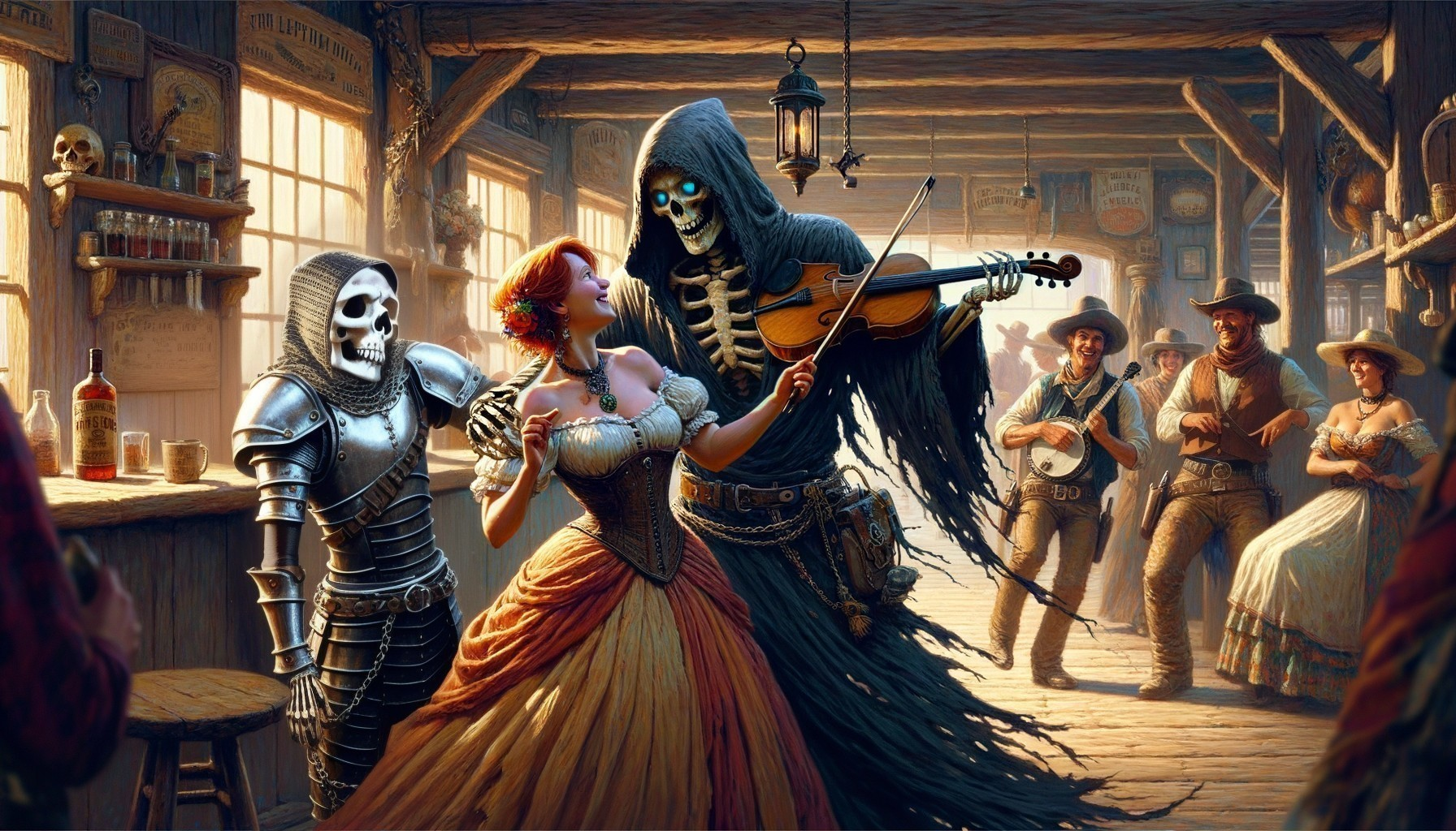 Skeleton and Cloaked Figure Perform in Lively Saloon