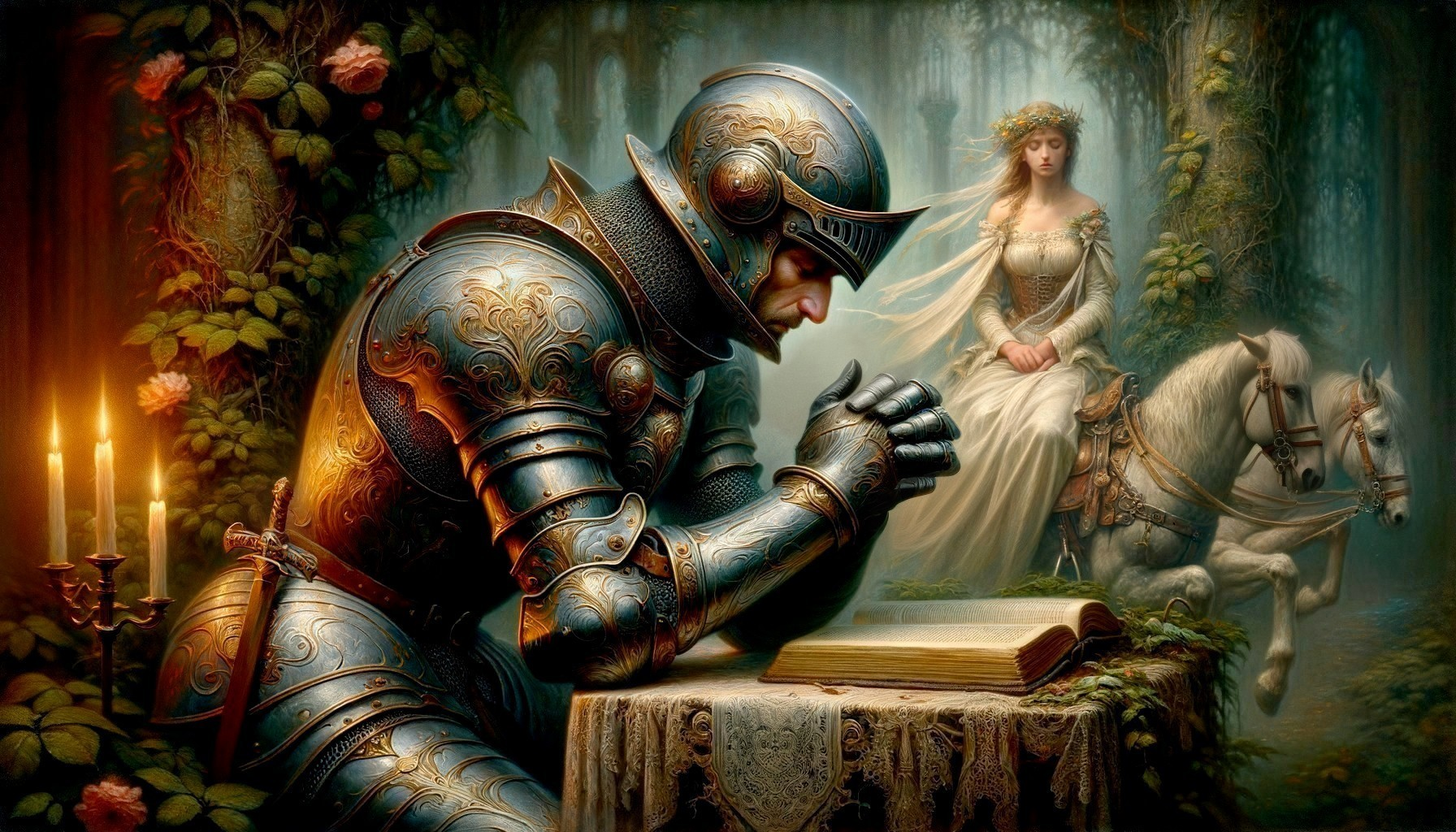 Knight in Armor Praying in Enchanted Forest Setting
