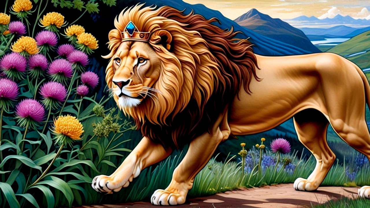 Majestic lion with crown in vibrant floral landscape