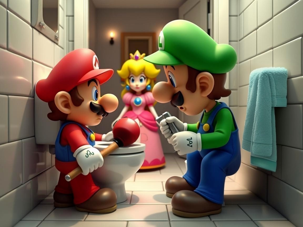 Mario and Luigi's Humorous Bathroom Fixing Scene