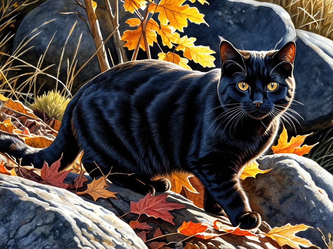 Black Cat Among Colorful Autumn Leaves and Rocks
