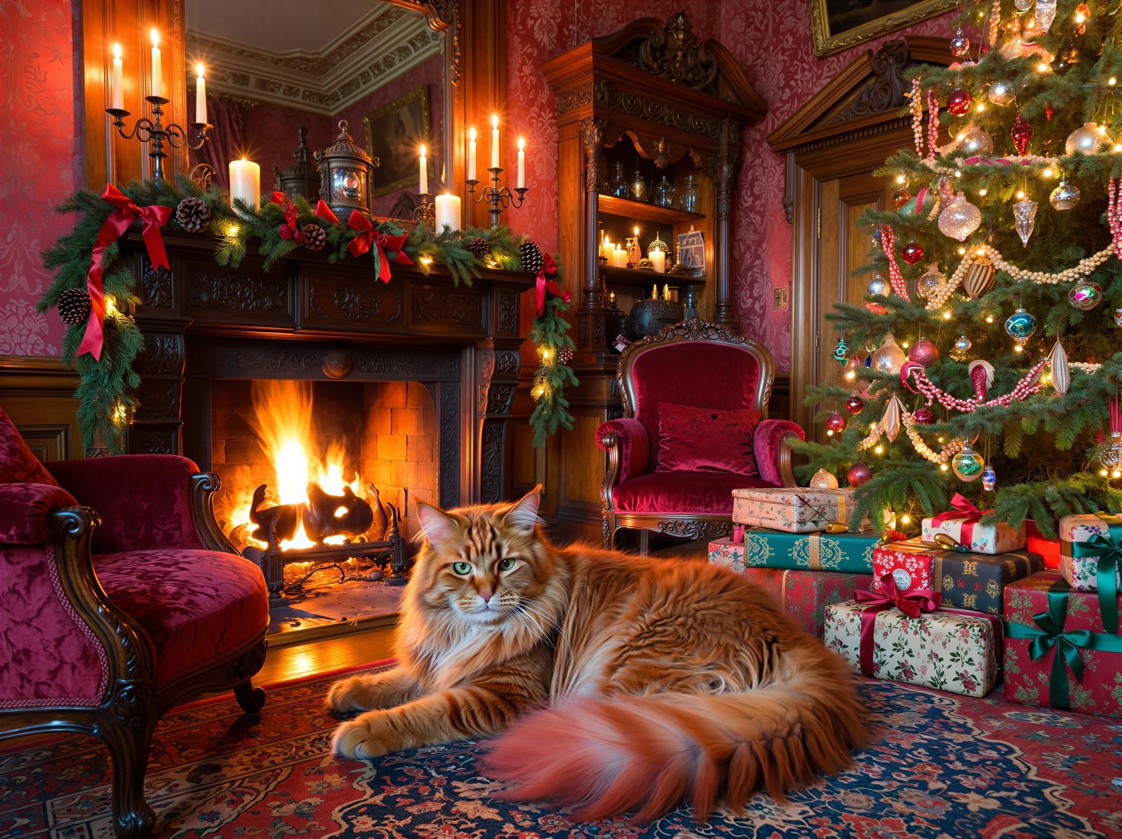 Fluffy Orange Cat Relaxing in Festive Living Room
