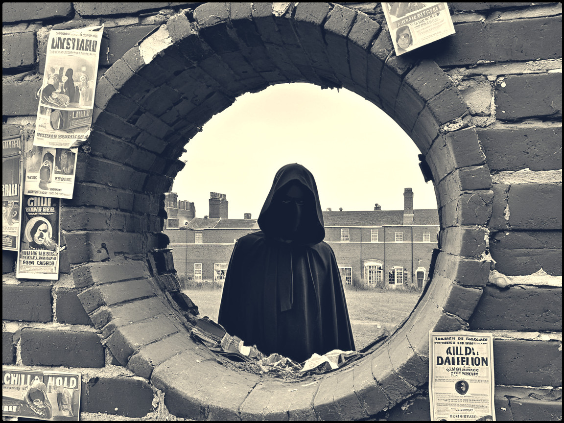 Cloaked Figure in Circular Opening with Vintage Posters