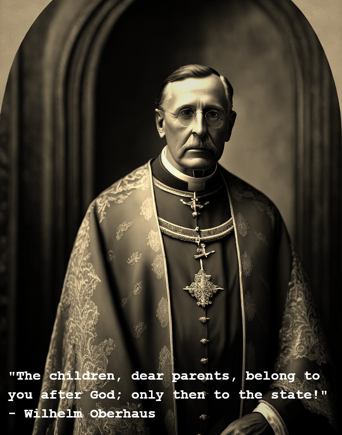 Serious man in religious attire with crucifix and quote overlay on parental authority.