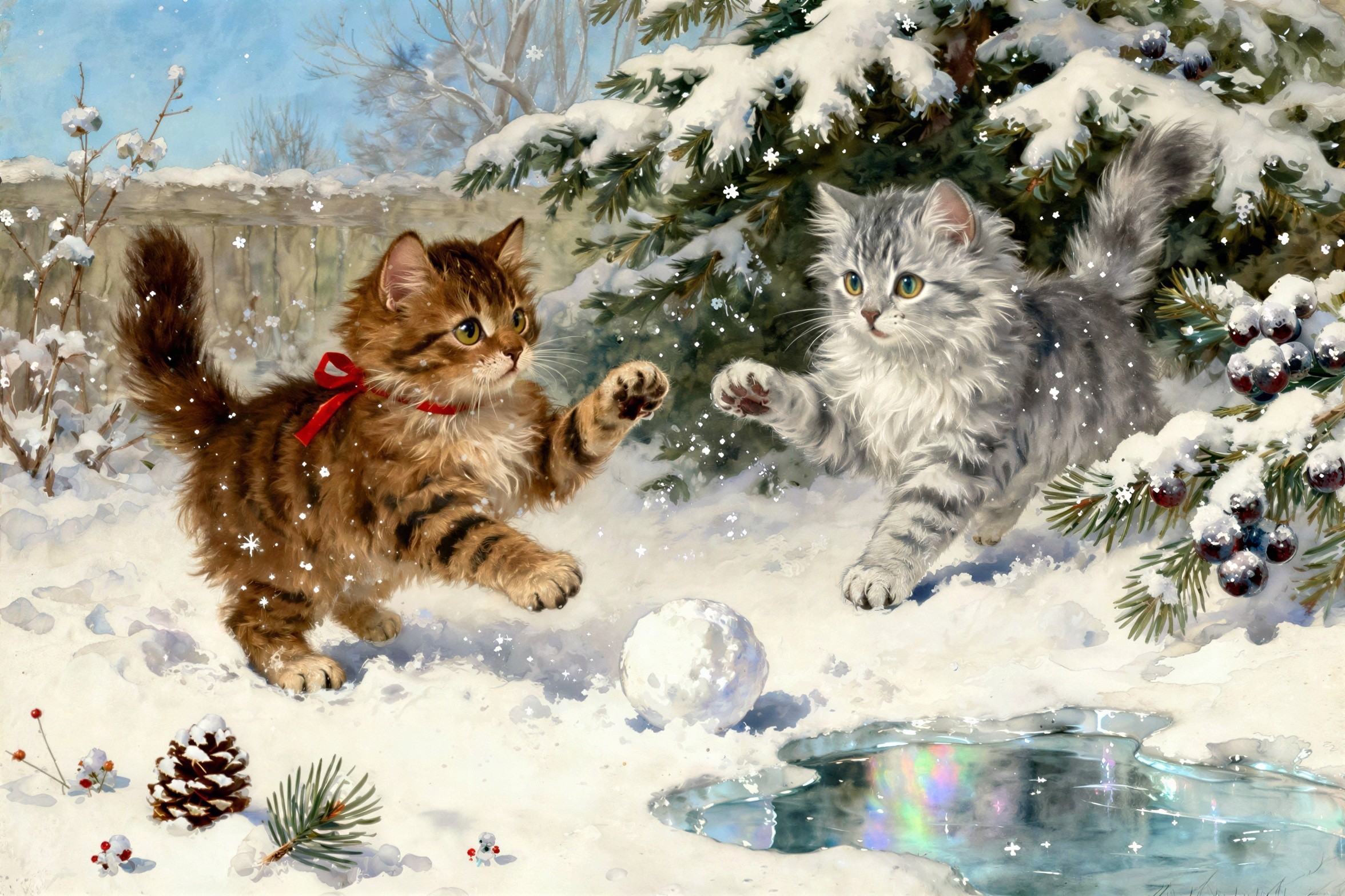Fluffy Kittens Playing in Snow with Pine Tree Background
