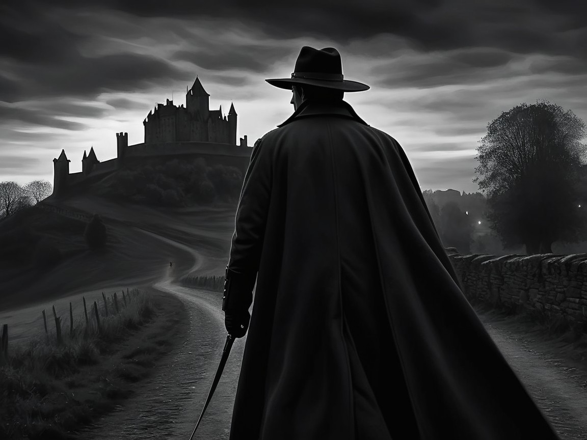 Mysterious figure near a dark castle in monochrome scene
