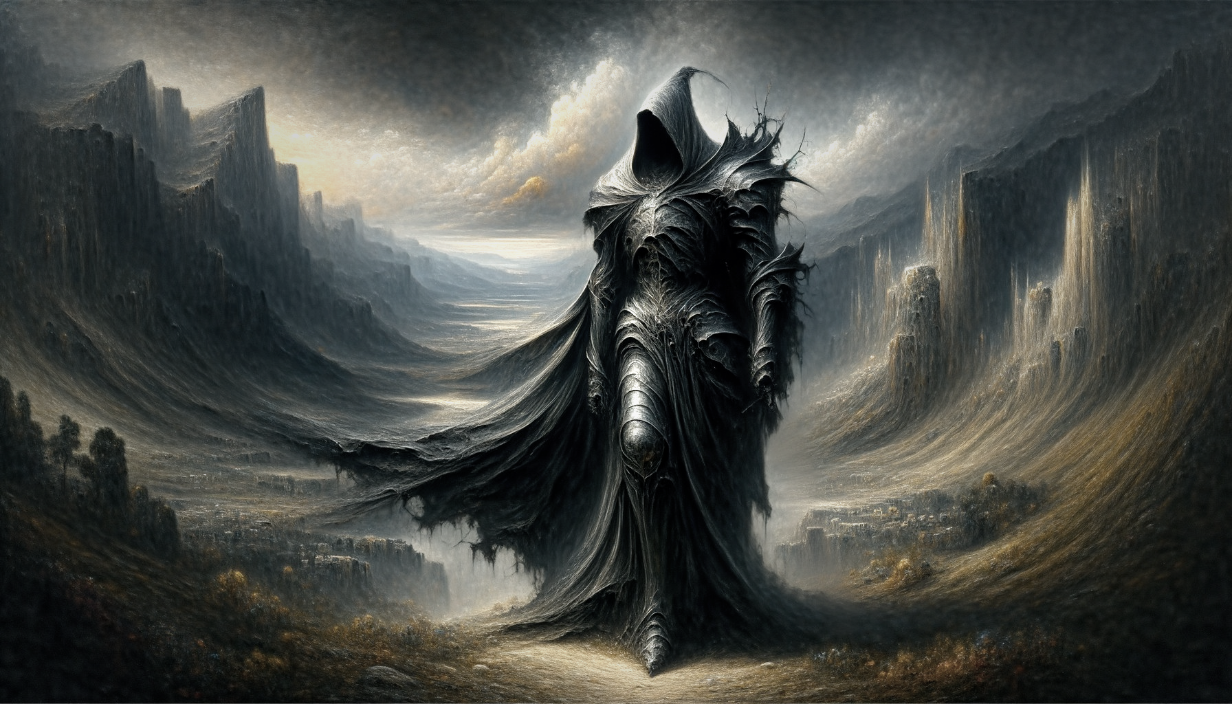 Cloaked Figure in a Desolate Landscape with Cliffs