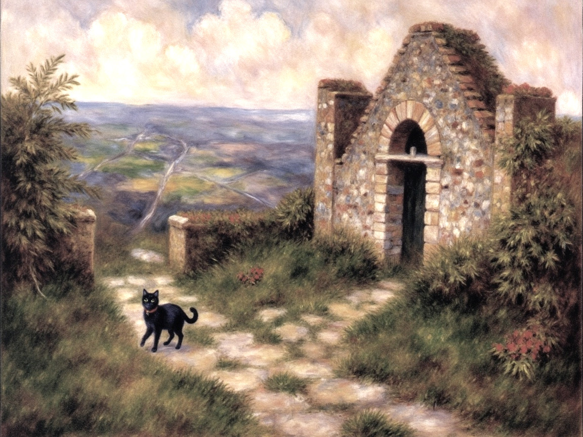Serene Landscape with Winding Path and Stone Structure
