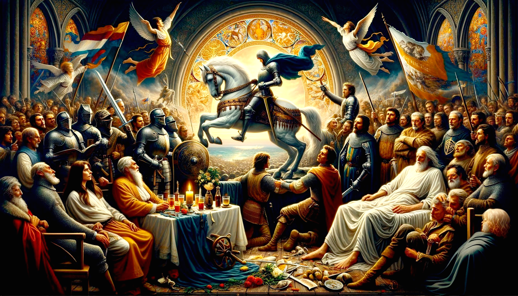 Knights and Nobles Gather in Majestic Hall Setting