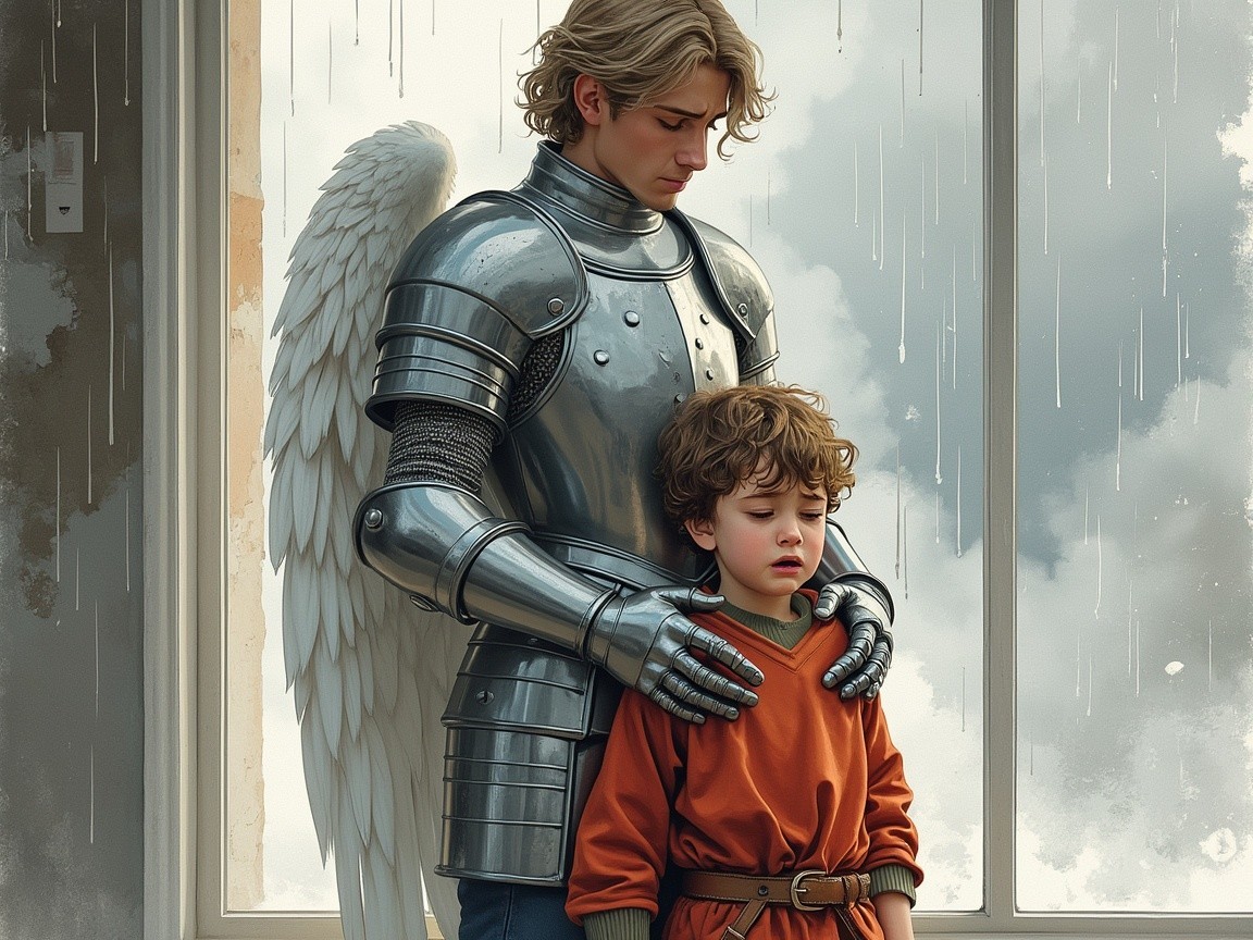 Guardian Figure Embracing Vulnerable Boy in Rain