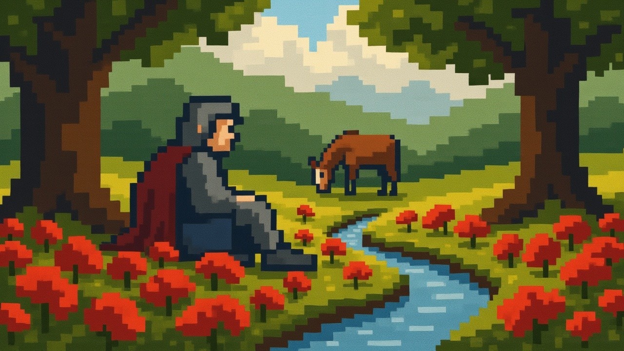 Hooded Figure by Stream in Pixel Art Landscape