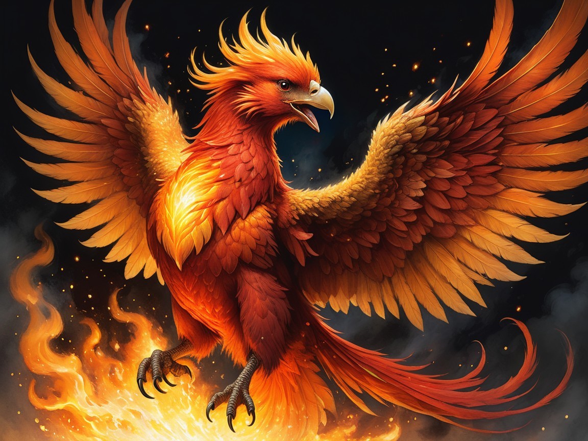 Majestic phoenix with vibrant plumage in flames