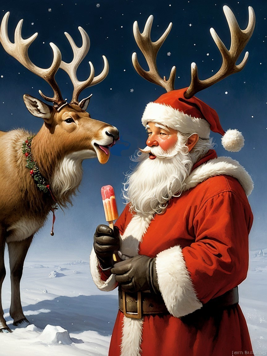 Santa and Reindeer in a Snowy Night Scene